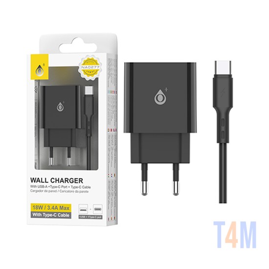 Carregador de Parede EU OnePlus NA0277 com Porta 1 USB + Tipo C QC 3.0+PD (20 W) Preto